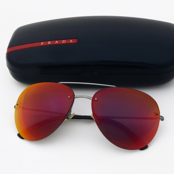 Prada Sport Red Line Mirrored Aviator Sunglasses with Black Hard Case, REPAIR - Picture 1 of 9